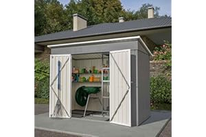 BIRCHTREE Garden Shed Metal Pent Roof 4FT X 8FT Outdoor Storage With Free Foundation Grey and White