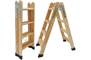 BTF® Escaleras Tijera de Madera Pino Doble Subida Certificadas. Ideal para Profesionales Pintor, Escayolista, Electricista o hasta para su hogar! 4+4 Peldaños, H.96 cm. Ref. BTF-MDP004