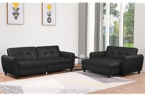 Visco Therapy Zinc PU Leather 3STR Sofa Bed with Storage, 2STR Sofa Bed with Storage and Ottoman Bench in Grey or Black. Living Room Furniture Set. (Black, Full Furniture Set)
