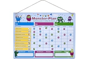 OQONO Monster-Plan Belohnungstafel für Kinder – Magnetische Aufgaben- & Motivationstafel aus Metall mit 24 Magneten & abwischbarem Stift – Wochenplan für bis zu 3 Kinder – Lern- & Erziehungshilfe