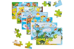 Funsland Puzzle Legno Bambini 3 Anni - 6 Pezzo Bambini Puzzle di Dinosauri, Animali, Pesci, Pinguini, Nave Spaziale, Montessori Giochi in Legno Bambina Educativi, Puzzle di Legno Regalo per 3 4 5 Anni