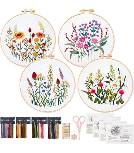 Kit Broderie Débutant - 3 Motifs Fleur Pré-imprimés, Cercle, Fils Et Aiguille Inclus, Activité Créative Facile