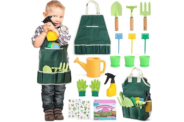 CUTE STONE Ensemble d'outils de jardinage pour enfants, kit d'outils jardin avec pelle, tablier avec poches, sac fourre-tout jardin, arrosoir, autocollants de bricolage, cadeau pour garçons et filles