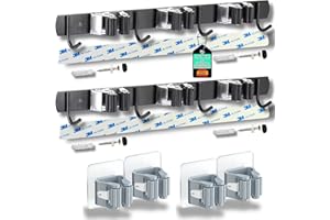 BASAMA ®️ 2 x Colgador Escobas y Fregonas de acero inoxidable de 38 cm + 4 Soportes individuales adhesivos | Soporte Escobas Pared con adhesivo 3M y tornillos (2 piezas 38 cm)