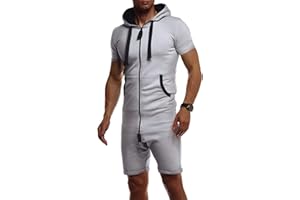 Leif Nelson Herren kurze Jumpsuit für Sommer kurze Hose kurzarm Overall Onesie Männer T-Shirt Kapuze Sommerjumpsuit Schlafanzug kurzer Jogginganzug Trainingsanzug LN8313
