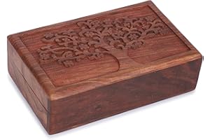 Ajuny Hand Carved Wooden Decorative Treasure Chest Box - Multipurpose Use Jewelry Storage Case Organizer Keepsake Watch Box Great for Gifts - Brown, 8X5 Inch