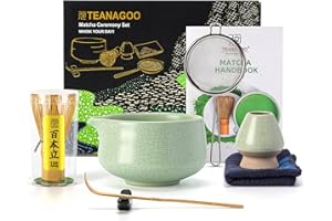 TEANAGOO MATCHA KIT verde, set da 7 pezzi, Matcha Cerimoniale, Matcha Set da tè matcha per preparare la colazione/latte, ciotola verde per matcha (chawan) con beccuccio e frusta