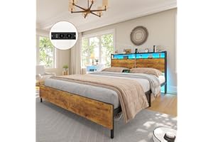 Brinlawb Lit 140x190 cm en Métal, Lit 2 Personnes avec des lumières LED et Multiprise Intégrée, Cadre de Lit 140 x 190cm avec tête de lit, Lit Double Moderne Facile à Assembler, Marron Vintage/Noir