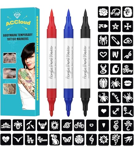 Penne Per Tatuaggi Temporanei Eberhard Faber - Set Con 2 Penne Nere E 4 Stencil - Foto 4