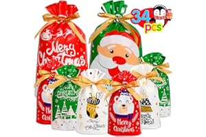 VEYLIN Christmas Drawstring Bags, 34 PCS Xmas Present Gift Bags Assorted Sizes Gift Wrapping Bag with String for Christmas Party