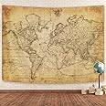 GOAOK Old World Map Tapestry, Vintage World Map Geographical Distribution Tapestry Wall Hanging, Brown Historical Atlas Educational World Map Poster Classroom Large Tapestry Office Decor 90x70