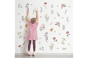 Decvictor Pegatinas de Pared Retro Colorida Flor Silvestre, Vinilos Decorativos Pared 15 Hojas Jardín Floral, Adesivos Paredes Decoración para Salon Dormitorio Pasillo Oficina Sofá Fondo Muro