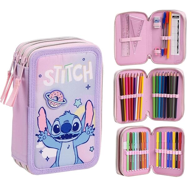 Trousse à crayons Stitch pour enfants, en polyester avec fermeture éclair, 23 x