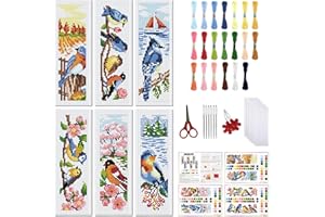 FREEBLOSS 6 Pcs de Marque-Pages au Point de Croix Kit 11 CT Quatre Fleurs et Oiseaux Point de Croix Kit Complet Kits de Signet DIY Adulte Débutants avec Instructions, 6 x 20 cm