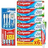 Colgate Triple Action and Extra Clean Brush, Family Pack | 6 Toothpastes 75 ml and 4 Medium Brushes for Complete Protection