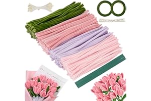 NHCUIJUN Rosa Tulip Bouquet Pfeifenreiniger Set, 400 Stück in 4 Farben zum Basteln, Pfeifenreiniger Blumen-Set, mit 20 Stück Grünem Bastelfaden, Geschenkband, Klebeband
