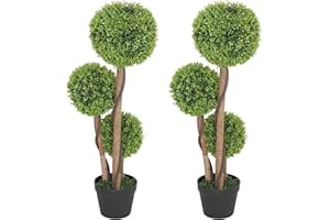 HOMCOM Decorative Artificial Trees Boxwood Ball Topiary Trees Set of 2 in Pot, Fake Plants for Home Indoor Outdoor Decor, 90 cm, Light Green