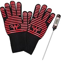 WERTA Grillhandschuhe inkl. Grill-Thermometer Digital - Hitzebeständige Handschuhe bis zu 800°C Größe 9 - Backhandschuhe…