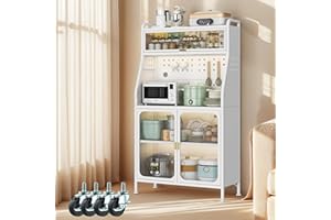 Fiutazge Credenza Cucina Alta, Mobile Cucina Dispensa con ruote, Mobile Buffet con Ripiani Regolabili, Ante a Vista e Vani Aperti, Credenza Alta per Soggiorno, Camera, Bianco 86 X 36 X 160cm