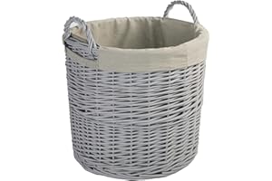 GREEN LEAVES Home Storage Grey Painted Round Wicker Basket Laundry Toys Baby Nursery Collection Box (Medium)