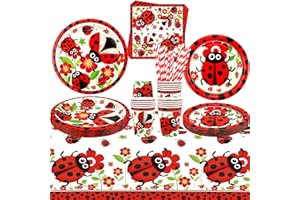 ENCETARDE Ladybug Party Decration, Ladybug Party Tableware, Plates, Cups, Napkins, Tablecloth, Straws for Ladybirds, Birthday Party Supplies, Baby Shower Supplies, Serves 20