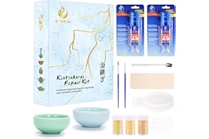 XUDOAI Kintsukuroi Repair Kit, Repair Ceramic Bowls and Vases With Gold Powder Glue, Crack Beautification Repair Kit-Two Practice Bowls & Rich Accessories