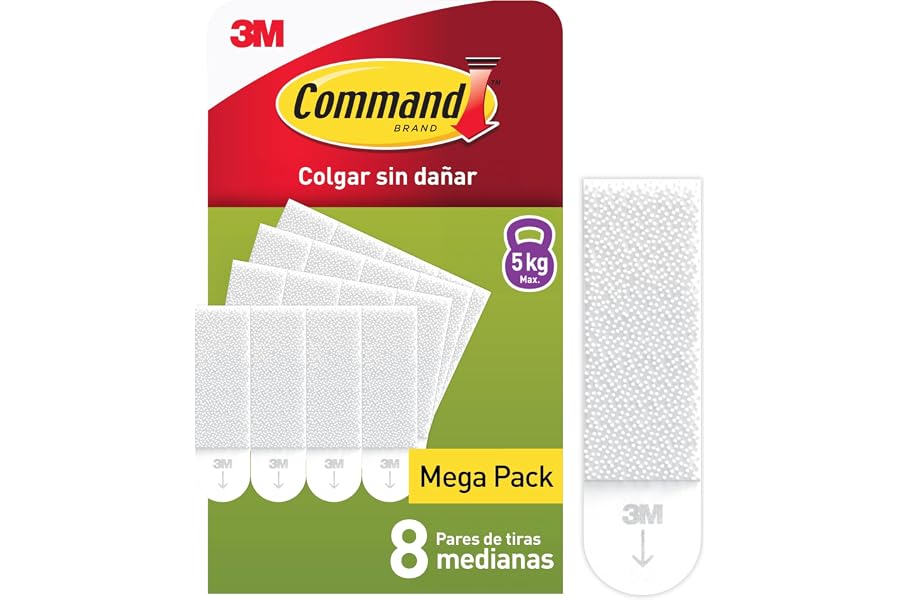Command Tiras Adhesivas para Colgar Cuadros Medianas, 8 Pares (16 Tiras) Blancas – Para Marcos, Espejos y Adornos – Soporta H