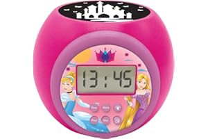 LEXIBOOK-RL977DP Lexibook Reloj despertador con proyector Disney Princesas con función de repetición y alarma, luz nocturna con temporizador, pantalla LCD, batería