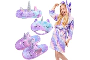 POWZOO Albornoz para Niños, Albornoz de Unicornio Suave con Capucha,4pc incluidas Albornoz con capucha con Pantuflas+Diadema+Antifaz.Un regalo cálido para una niña de (100-130 cm) de altura.Morado
