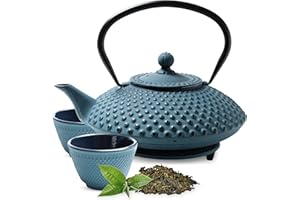 Tealøv THEIERE FONTE 1,25 LITRE SET COMPLET | BOÎTE CADEAU | Service à Thé en Fonte avec Théière, 2 Tasses & Dessous Théière | Entièrement Émaillée de l'Intérieur | Design De Style Japonais | Bleu
