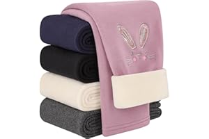 Auranso Girls Fleece Lined Thermal Leggings 3-9 Years Cute Bunny Embroidery Pattern Cotton Kids Winter Thick Warm Trousers Pants for Toddlers