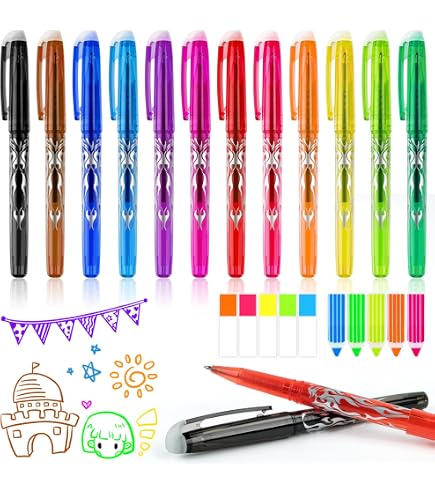 Lahnao Uitwisbare Balpennen – 12 Stuks Met 24 Vullingen En 2 Gummen – 0,35 Mm, Met Schattige Dierendopjes – Ideaal Voor School En Kantoor