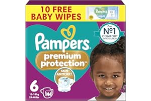 Pampers Premium Protection Size 6, 144 Baby Nappies, 13kg-18kg, Monthly Pack, Pampers Harmonie Aqua Baby Wipes 1 Pack of 10 Wipes