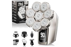 Guong 8D Head Shavers for Men, 7 in 1 Rotating Electric Shavers for Bald Men, Waterproof Wet/Dry Electric Razor Beard Grooming Kit with LED Display, Rechargeable Bald Head Razor