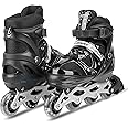 EONWISE Adjustable Size Inline Skates with LED Flash Light On Wheels for Unisex Kids - Age 7 to14 Years (Black)