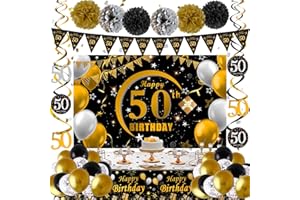 NAVDRIVL 50th Birthday Decorations for Men Women, 50th Birthday Banner Backdrop Balloons Black and Gold, Happy 50 Bday Decorations Banners Tablecover Triangle Flag, 50 Year Old Bday Gifts Men Party Supplies