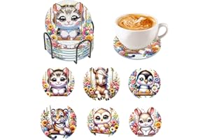 HEIBAGO 6 Pcs Diamond Painting Dessous de Verre Pour Débutants, DIY Rond Animaux sous-verres Art de Diamant Avec Support, Fleurs Kits de sous-verres en Diamant pour la Décoration Murale