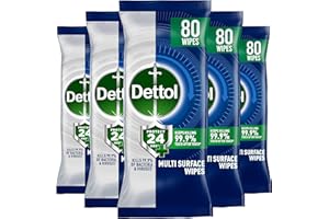 Dettol Protect 24 Multipurpose Antibacterial Wipes, 5 Pack of 80, Total 400, Long-Lasting Germ Protection, Ideal for Home, Office, Travel, First Aid Bag Essential