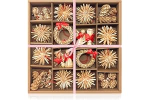 COM-FOUR® 56-czesciowy zestaw slomianych gwiazdek - ozdoby choinkowe - slomiane zawieszki na choinke - dekoracja swiateczna - Ø 3-6 cm