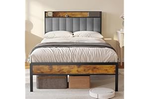 Bealife Łóżko tapicerowane, drewniane z metalową ramą łóżka, wyściełany podest, podwójne łóżko z drewnianym stelażem, zagłówek, rama łóżka (szare, 120 x 200 cm)