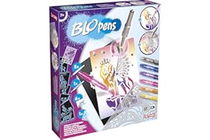 Lansay - BLOPENS - Animaux à Customiser Metallic - pour Enfants dès 7 Ans - Kit de Dessins et Coloriages avec Feutres à Souffler - Loisirs Créatifs - 20 Pochoirs & 8 Feutres