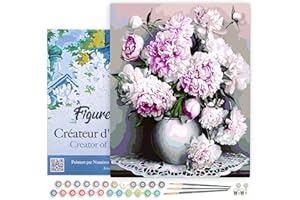 Figured'Art Peinture par Numéro Adulte avec Cadre Vase de Pivoines - Activité Manuelle Kit de Loisir Créatif DIY Numéro d'Art Complet - 40x50cm toile tendue sur châssis