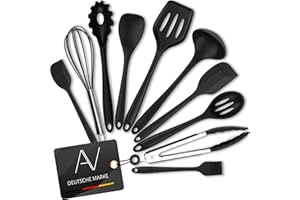 AVANA Lot de 10 ustensiles de cuisine en silicone - Résistants à la chaleur Pinces de cuisine antiadhésives, Fouet, Spatule pinceau à pâtisserie - Noir