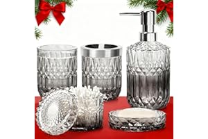 Ulable Bathroom Accessories Set, 5Pcs Bathroom Soap Dispenser Set, Glass Bathroom Accessories with Glass Soap Dispenser, Soap Dish, Toothbrush Holder, Tumbler, Cotton Swab Jar (Gradient Clear & Black)