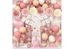 Jobkoo Pink Birthday Decorations for Women, Boho Dusty Pink Rose Gold Blush Beige Latex Balloons Happy Birthday Banner Foil Fringe Curtain Tissue Paper Pompom for Woman Girls Party Decoration Supplies