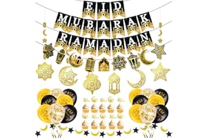 AhfuLife Eid Mubarak Decorations, Ramadan Decorations for Home - Preassembled Eid Mubarak Ramadan Banners, 6 Pcs Islamic Star Moon Lantern Garland Streamer, 16 Pcs Eid Balloons, 10 Pcs Cupcake Toppers
