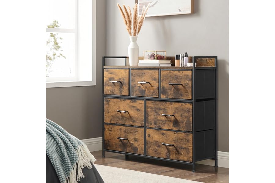 SONGMICS Chest of Drawers, Bedroom Cabinet, 7 Fabric Drawers with Handles, Metal Frame, Rustic Brown and Ink Black LTS137B01