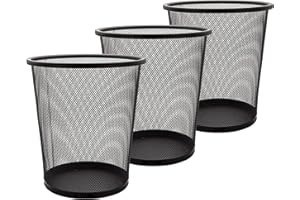 AHUNTTER 3Pack Waste Paper Bin 12L Office Bin Metal Waste Basket Bin Small Mesh Trash Can Rubbish Bin for Bedrooms Bathrooms Office Home Kitchens Supplies, 24 X 26cm Black Circular