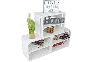 Kistenkolli Altes Land Ensemble de 3 caisses en bois blanc avec planche intermédiaire - Rangement pour des pommes, des bouteilles de vin, des chaussures - 50 x 30 x 40 cm (blanc avec insert long)