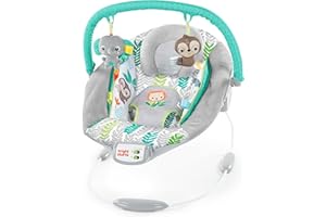 Bright Starts Hamaca para bebés Jungle Vines con vibraciones relajantes y 7 melodías, con arco de juegos, 2 juguetes, reclinable, arnés de 3 puntos, a partir de recién nacido